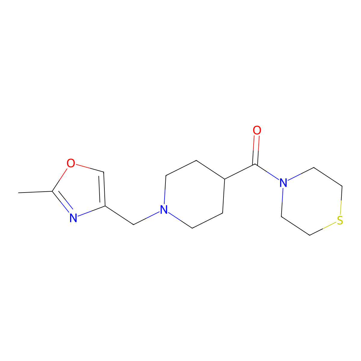 4-{1-[(2-Methyl-1,3-oxazol-4-yl)methyl]piperidine-4-carbonyl}thiomorpholine molecular structure, CAS 2770639-24-0