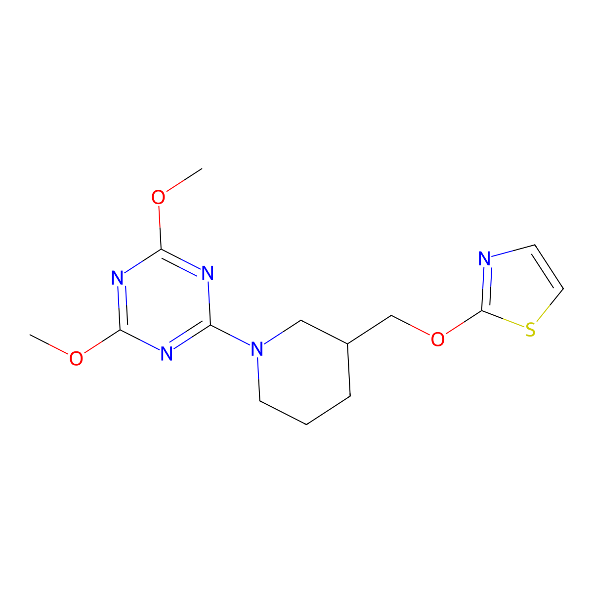 2,4-Dimethoxy-6-{3-[(1,3-thiazol-2-yloxy)methyl]piperidin-1-yl}-1,3,5-triazine molecular structure, CAS 2770639-33-1