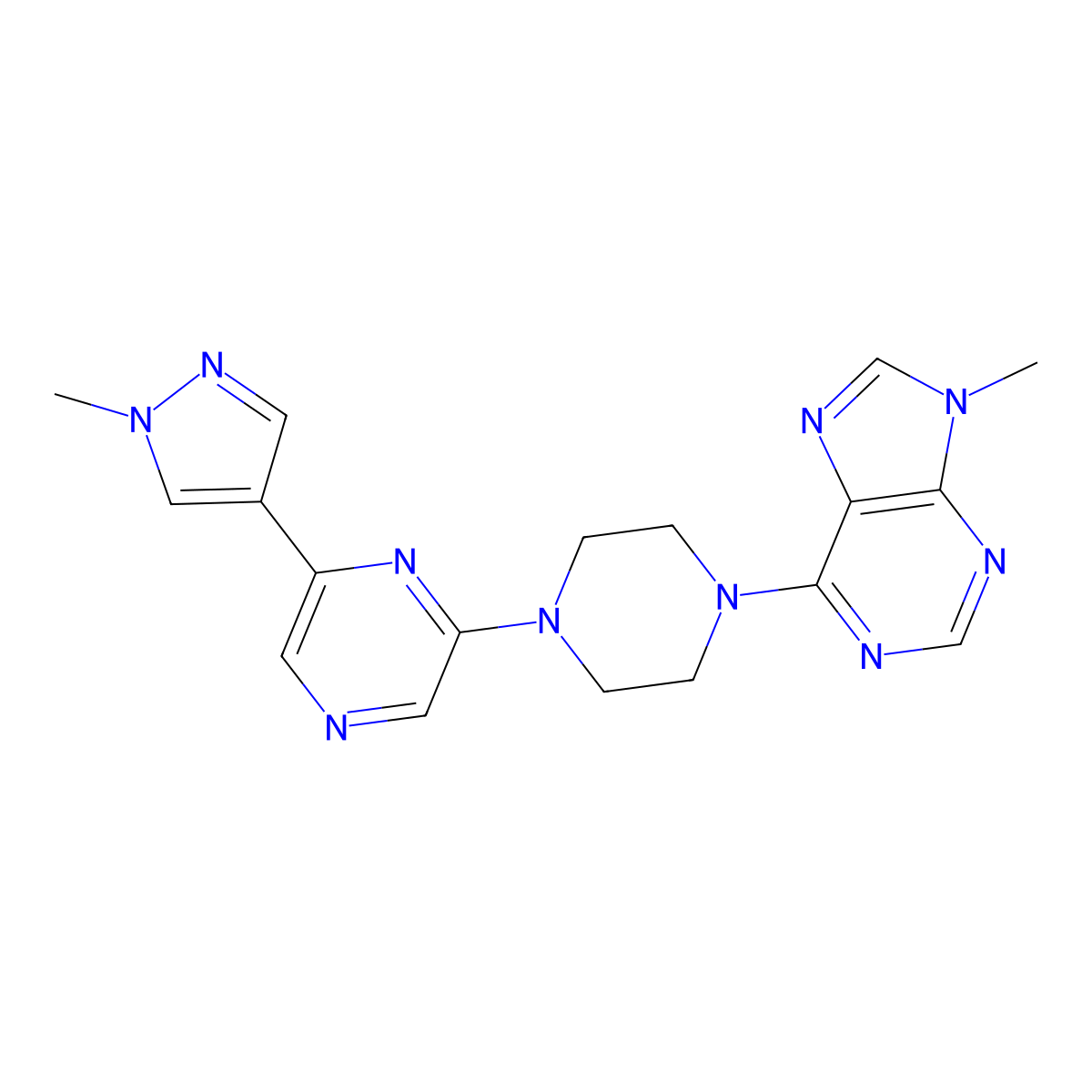 9-methyl-6-{4-[6-(1-methyl-1H-pyrazol-4-yl)pyrazin-2-yl]piperazin-1-yl}-9H-purine molecular structure, CAS 2770639-35-3