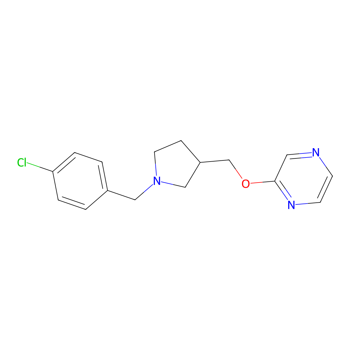 2-({1-[(4-Chlorophenyl)methyl]pyrrolidin-3-yl}methoxy)pyrazine molecular structure, CAS 2770639-39-7
