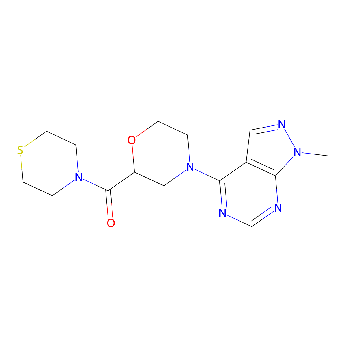 4-{1-methyl-1H-pyrazolo[3,4-d]pyrimidin-4-yl}-2-(thiomorpholine-4-carbonyl)morpholine molecular structure, CAS 2770639-40-0