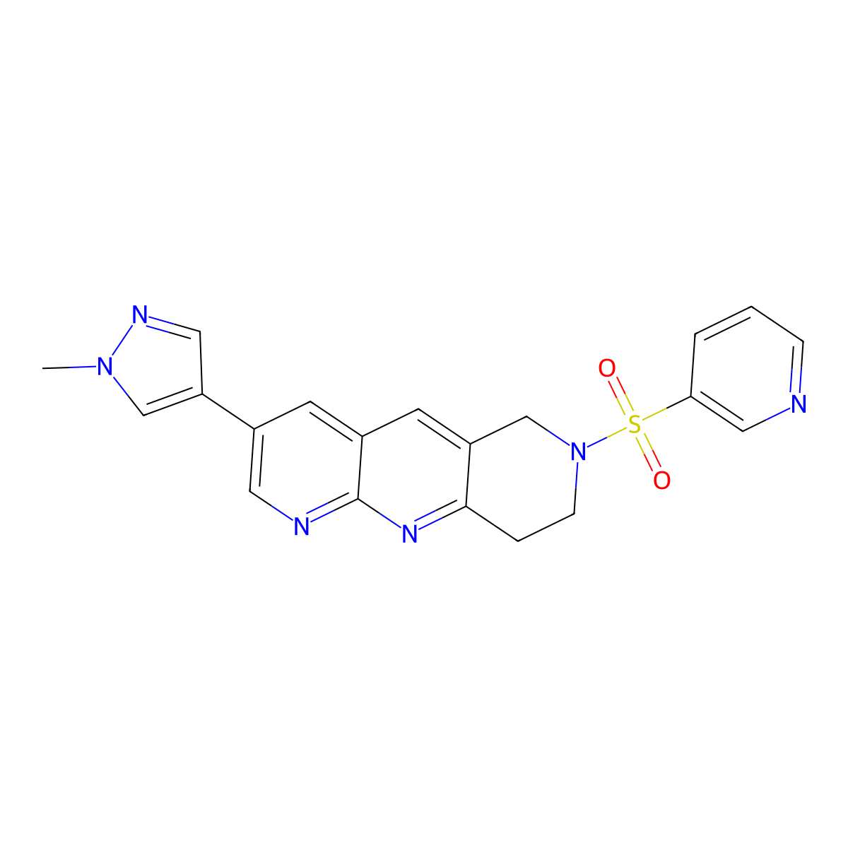 3-{[3-(1-methyl-1H-pyrazol-4-yl)-6H,7H,8H,9H-pyrido[2,3-b]1,6-naphthyridin-7-yl]sulfonyl}pyridine molecular structure, CAS 2770639-44-4