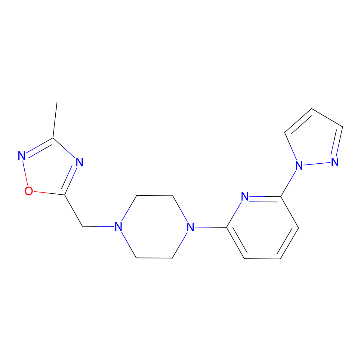 1-[(3-methyl-1,2,4-oxadiazol-5-yl)methyl]-4-[6-(1H-pyrazol-1-yl)pyridin-2-yl]piperazine molecular structure, CAS 2770639-47-7