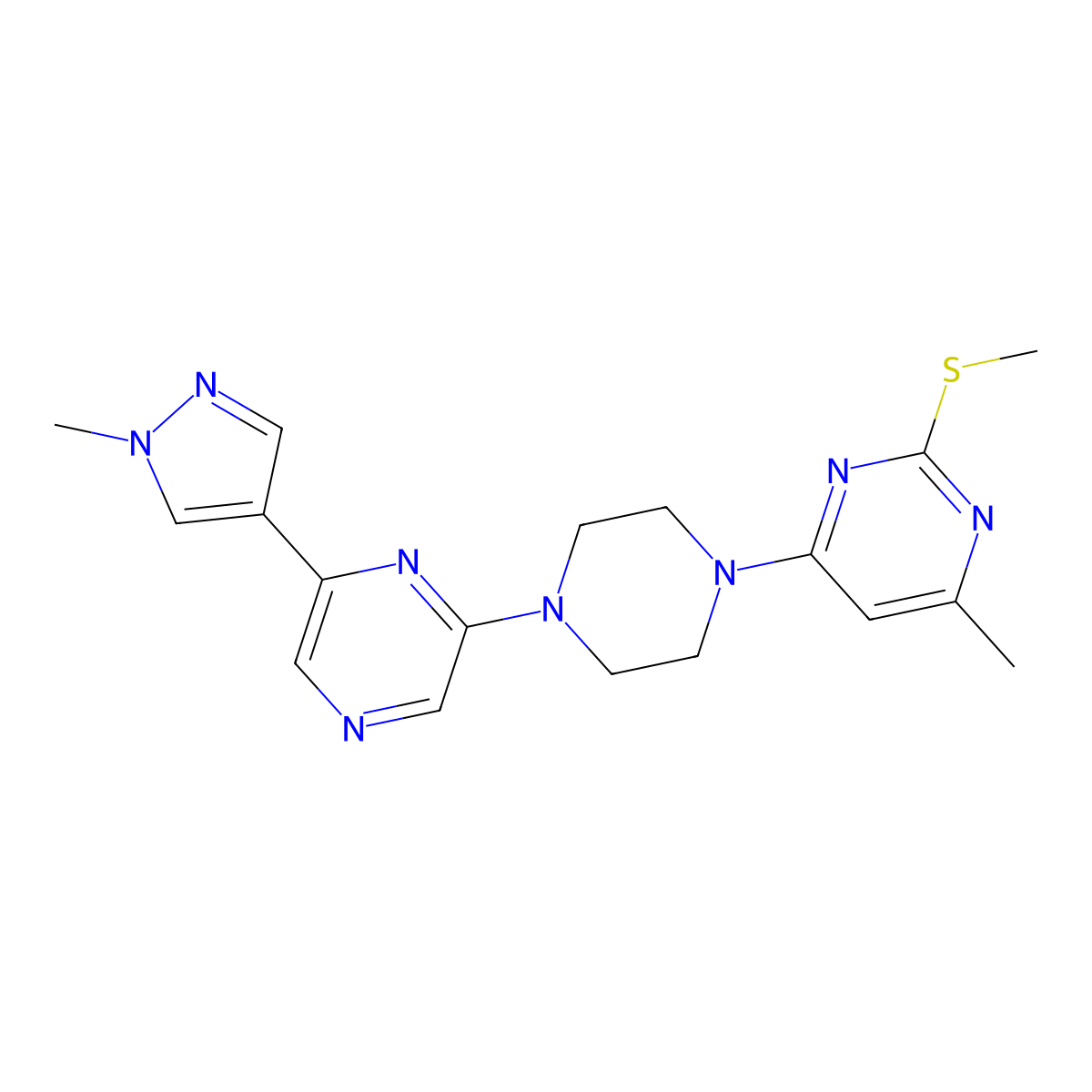 4-methyl-6-{4-[6-(1-methyl-1H-pyrazol-4-yl)pyrazin-2-yl]piperazin-1-yl}-2-(methylsulfanyl)pyrimidine molecular structure, CAS 2770639-50-2