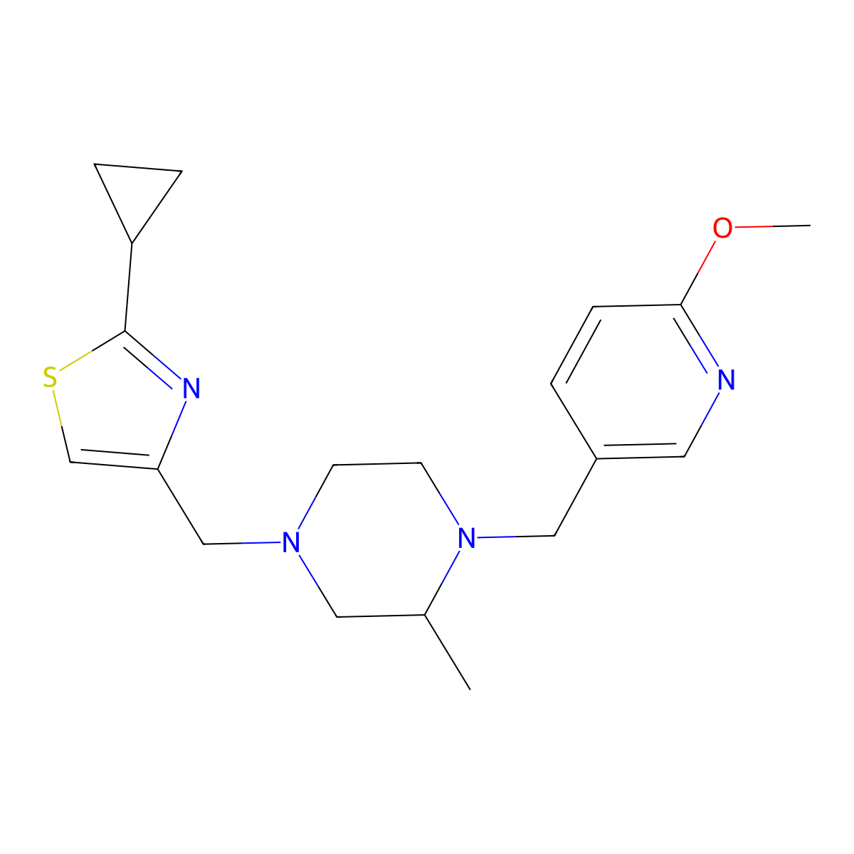 4-[(2-Cyclopropyl-1,3-thiazol-4-yl)methyl]-1-[(6-methoxypyridin-3-yl)methyl]-2-methylpiperazine molecular structure, CAS 2770639-51-3