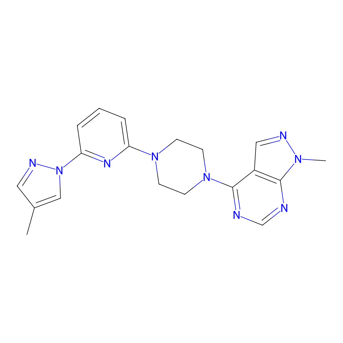 1-[6-(4-methyl-1H-pyrazol-1-yl)pyridin-2-yl]-4-{1-methyl-1H-pyrazolo[3,4-d]pyrimidin-4-yl}piperazine molecular structure, CAS 2770639-55-7