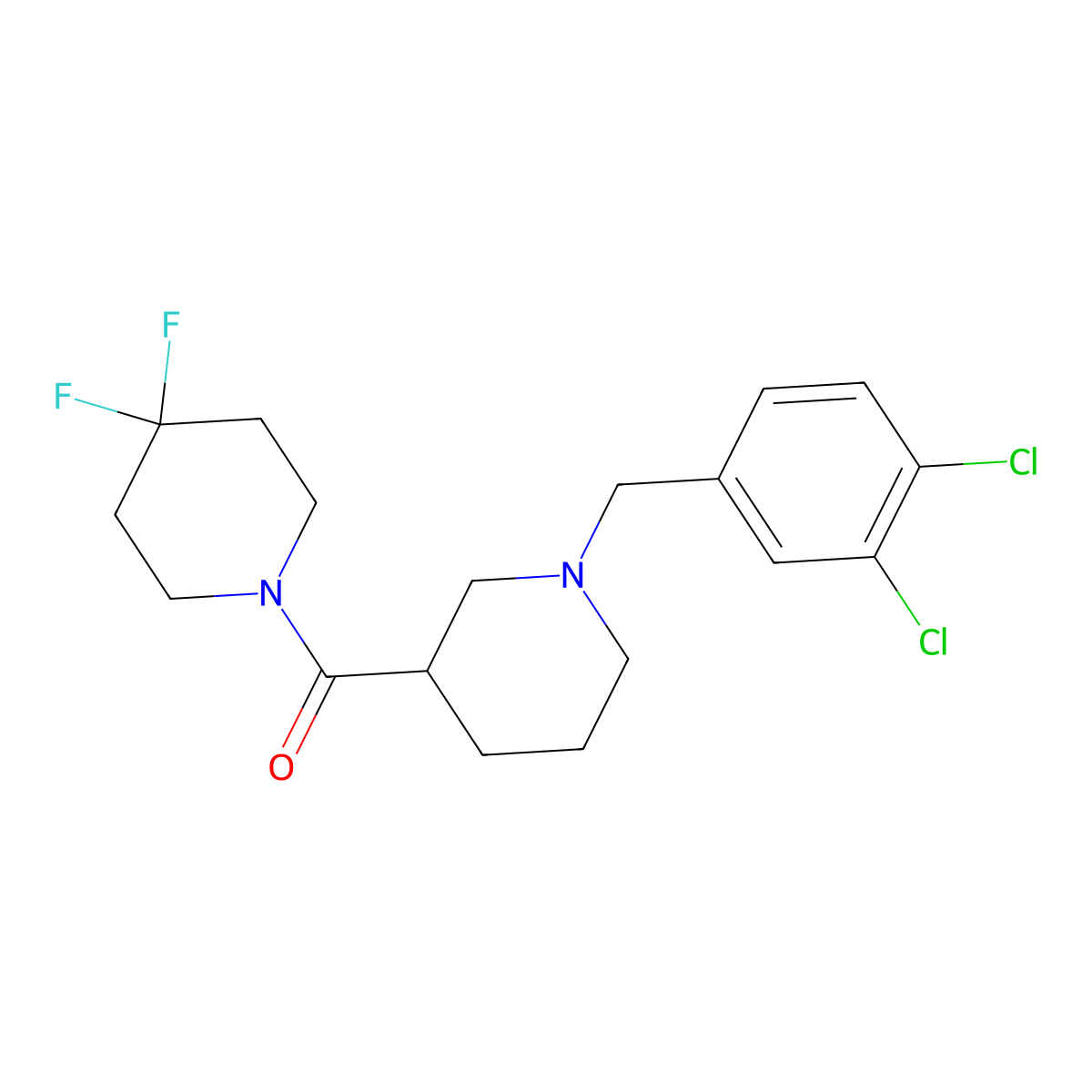 1-{1-[(3,4-Dichlorophenyl)methyl]piperidine-3-carbonyl}-4,4-difluoropiperidine molecular structure, CAS 2770639-57-9