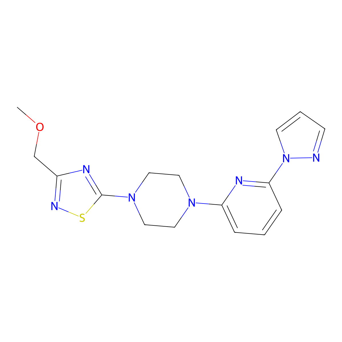 1-[3-(methoxymethyl)-1,2,4-thiadiazol-5-yl]-4-[6-(1H-pyrazol-1-yl)pyridin-2-yl]piperazine molecular structure, CAS 2770639-58-0