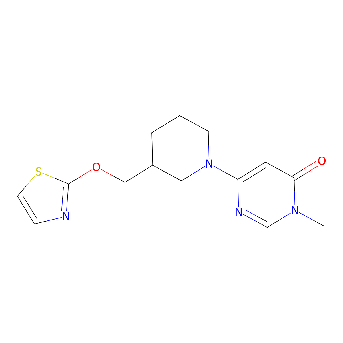 3-Methyl-6-{3-[(1,3-thiazol-2-yloxy)methyl]piperidin-1-yl}-3,4-dihydropyrimidin-4-one molecular structure, CAS 2770639-61-5