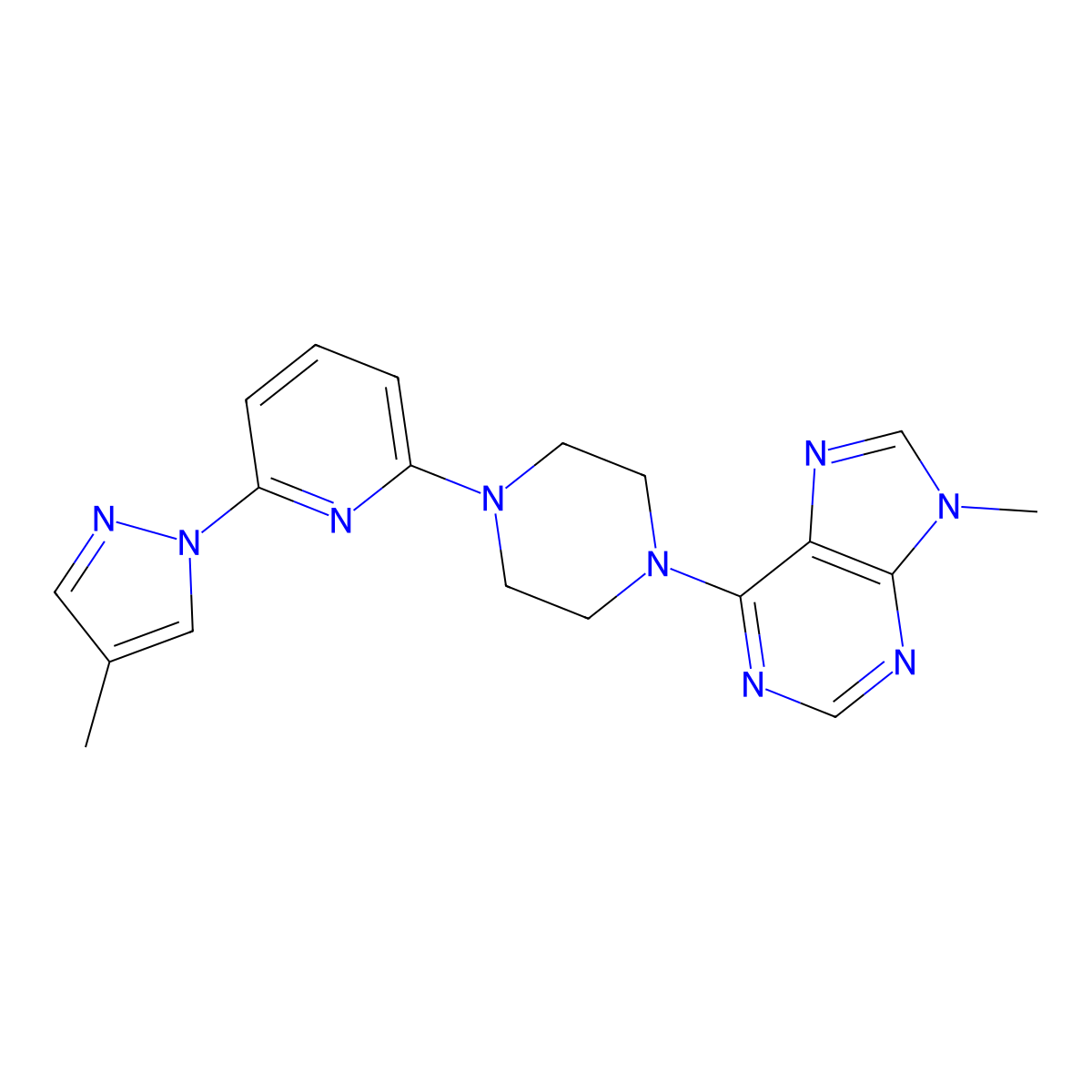 9-methyl-6-{4-[6-(4-methyl-1H-pyrazol-1-yl)pyridin-2-yl]piperazin-1-yl}-9H-purine molecular structure, CAS 2770639-62-6