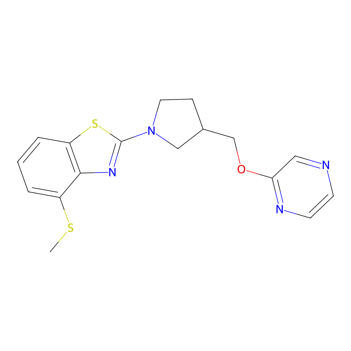 4-(Methylsulfanyl)-2-{3-[(pyrazin-2-yloxy)methyl]pyrrolidin-1-yl}-1,3-benzothiazole molecular structure, CAS 2770639-65-9