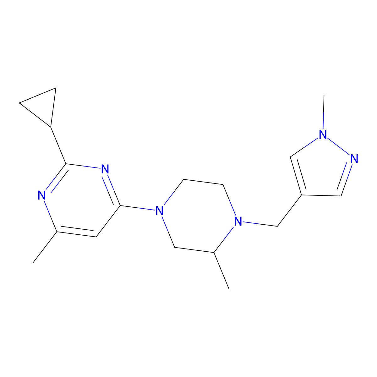 2-cyclopropyl-4-methyl-6-{3-methyl-4-[(1-methyl-1H-pyrazol-4-yl)methyl]piperazin-1-yl}pyrimidine molecular structure, CAS 2770639-73-9