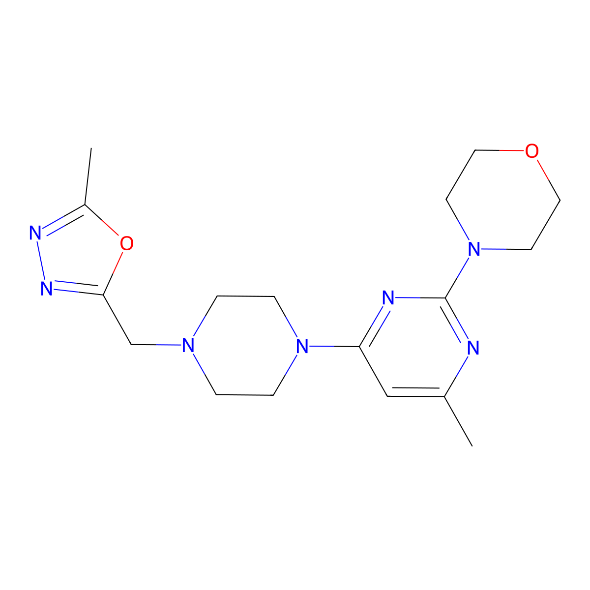 4-(4-Methyl-6-{4-[(5-methyl-1,3,4-oxadiazol-2-yl)methyl]piperazin-1-yl}pyrimidin-2-yl)morpholine molecular structure, CAS 2770639-77-3