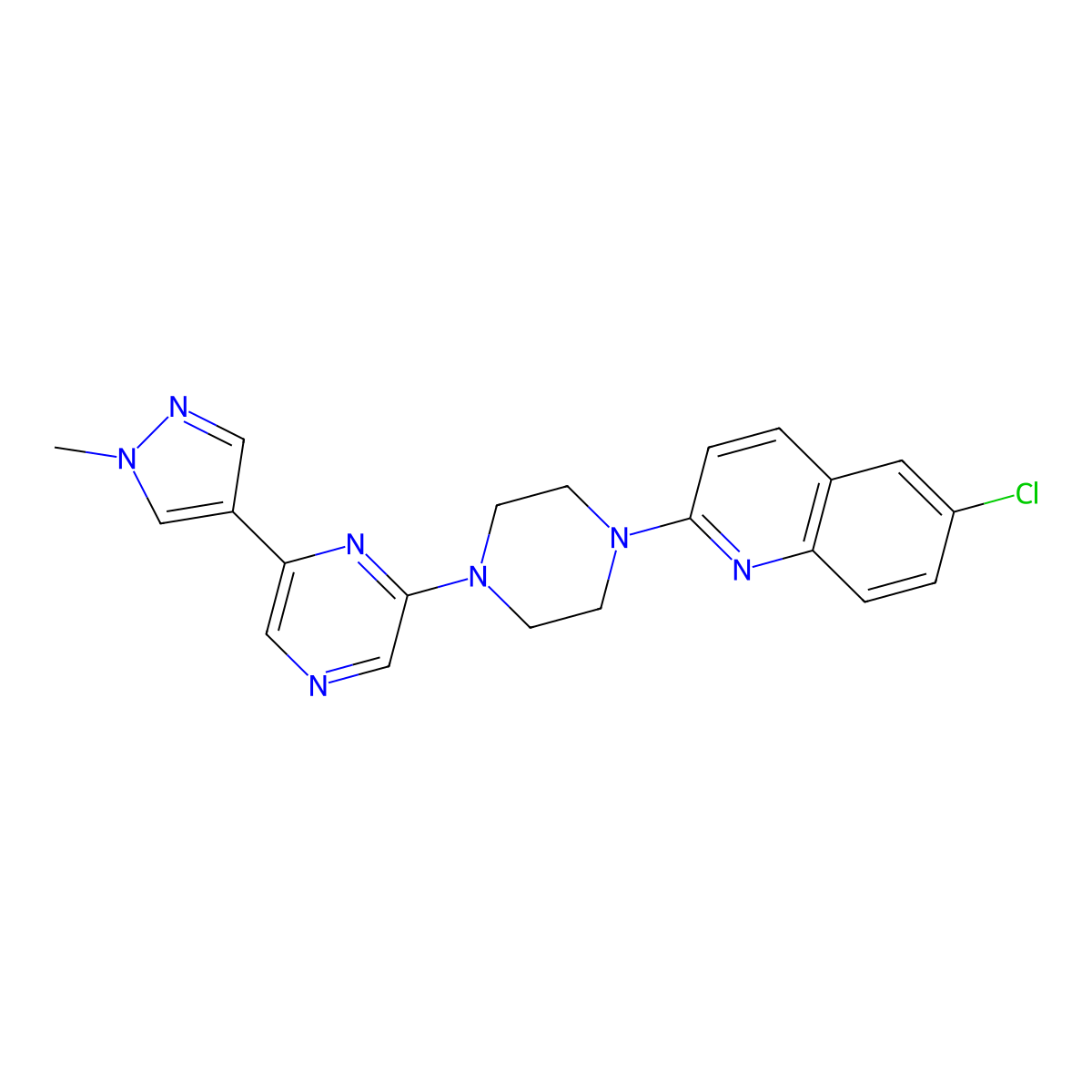 6-chloro-2-{4-[6-(1-methyl-1H-pyrazol-4-yl)pyrazin-2-yl]piperazin-1-yl}quinoline molecular structure, CAS 2770639-83-1