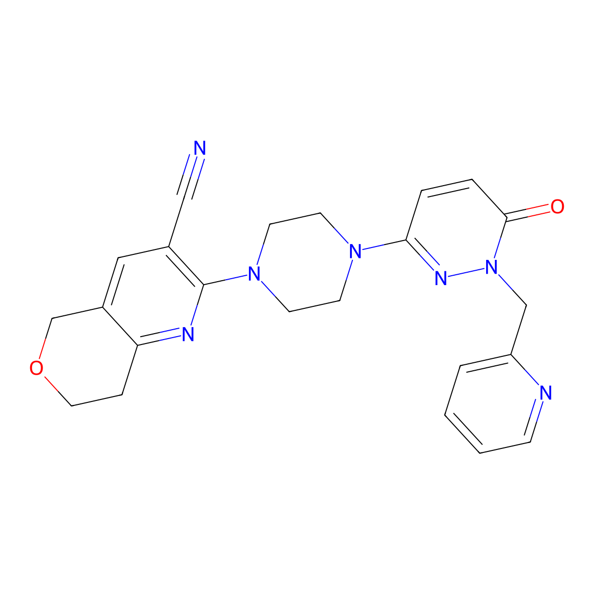 2-(4-{6-oxo-1-[(pyridin-2-yl)methyl]-1,6-dihydropyridazin-3-yl}piperazin-1-yl)-5H,7H,8H-pyrano[4,3-b]pyridine-3-carbonitrile molecular structure, CAS 2770639-89-7