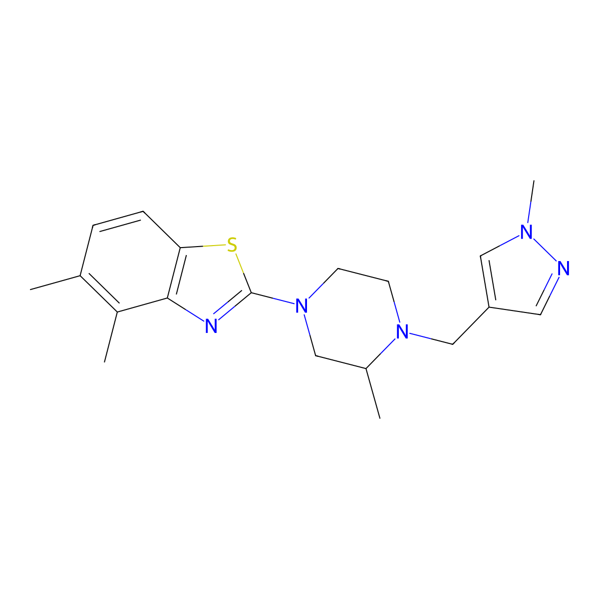 4,5-dimethyl-2-{3-methyl-4-[(1-methyl-1H-pyrazol-4-yl)methyl]piperazin-1-yl}-1,3-benzothiazole molecular structure, CAS 2770639-91-1