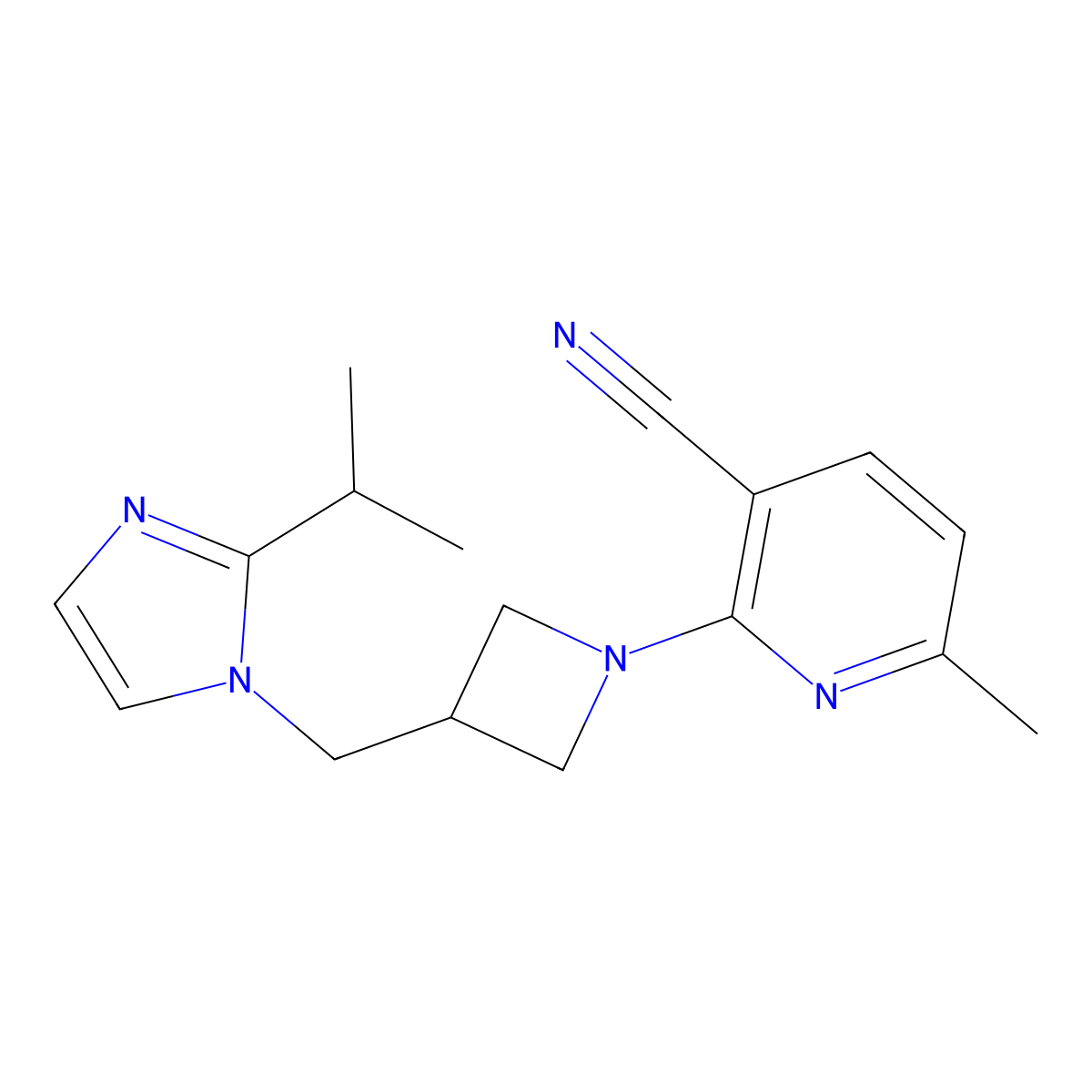 6-methyl-2-(3-{[2-(propan-2-yl)-1H-imidazol-1-yl]methyl}azetidin-1-yl)pyridine-3-carbonitrile molecular structure, CAS 2770639-94-4