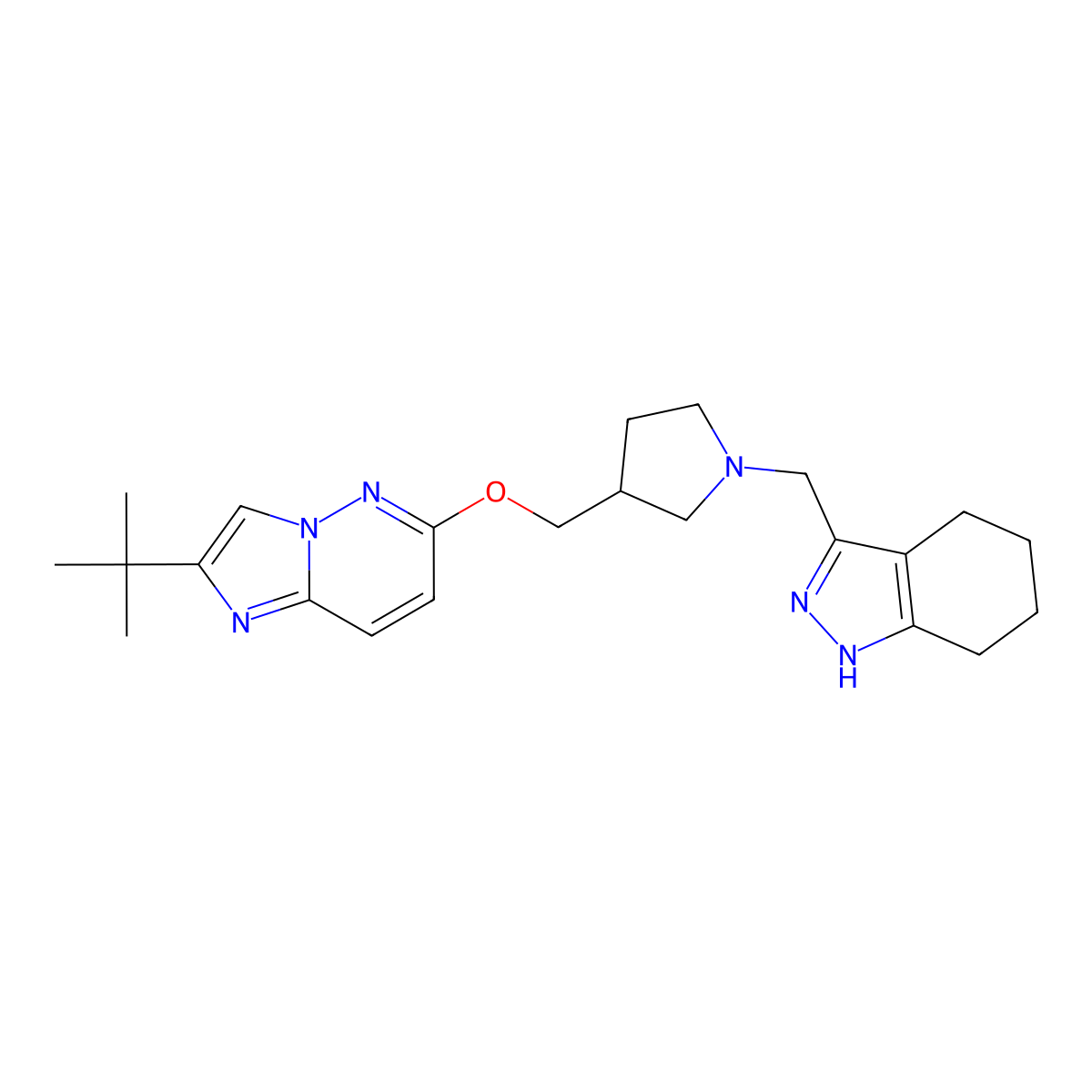 3-({3-[({2-tert-butylimidazo[1,2-b]pyridazin-6-yl}oxy)methyl]pyrrolidin-1-yl}methyl)-4,5,6,7-tetrahydro-1H-indazole molecular structure, CAS 2770639-99-9