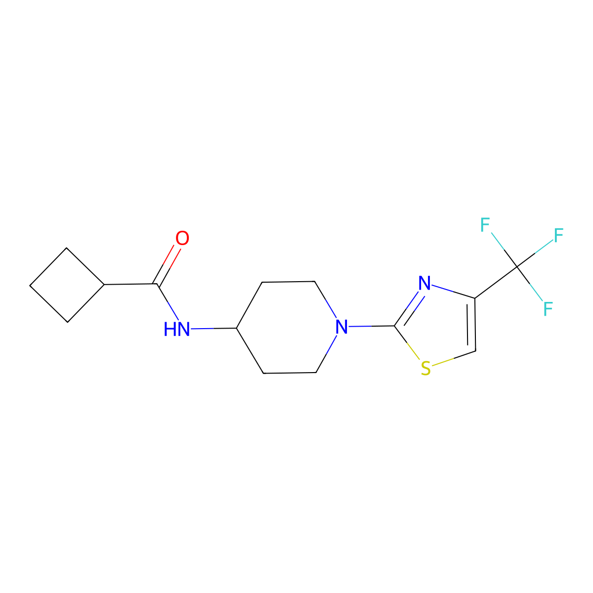 N-{1-[4-(trifluoromethyl)-1,3-thiazol-2-yl]piperidin-4-yl}cyclobutanecarboxamide molecular structure, CAS 2770640-05-4