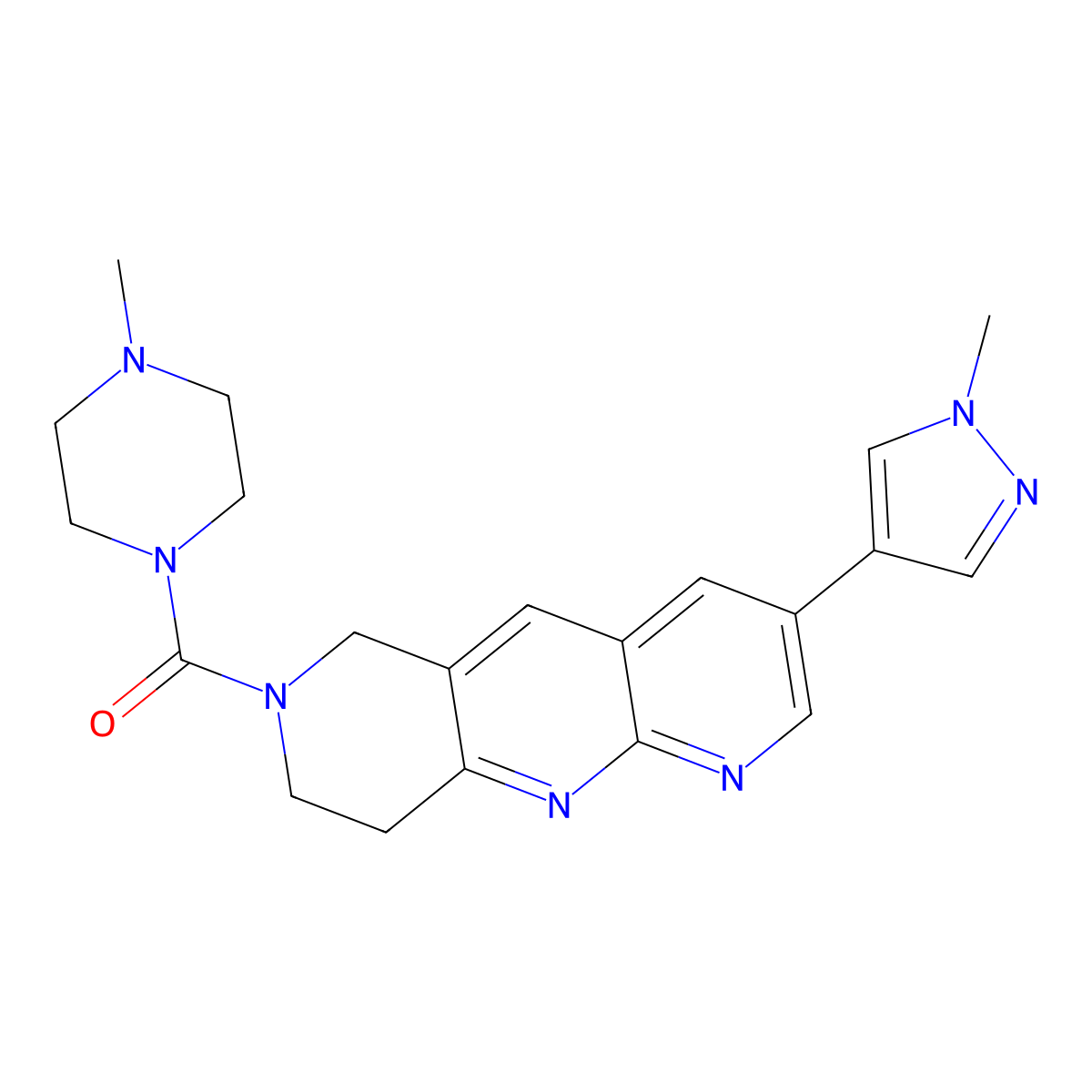 1-methyl-4-[3-(1-methyl-1H-pyrazol-4-yl)-6H,7H,8H,9H-pyrido[2,3-b]1,6-naphthyridine-7-carbonyl]piperazine molecular structure, CAS 2770640-10-1