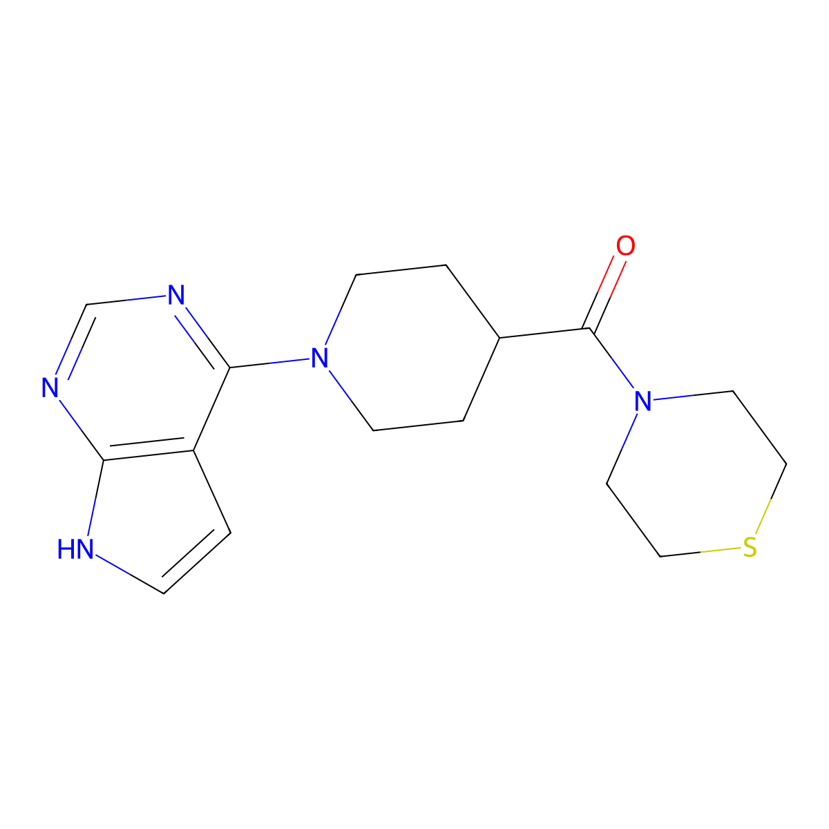 4-(1-{7H-pyrrolo[2,3-d]pyrimidin-4-yl}piperidine-4-carbonyl)thiomorpholine molecular structure, CAS 2770640-12-3