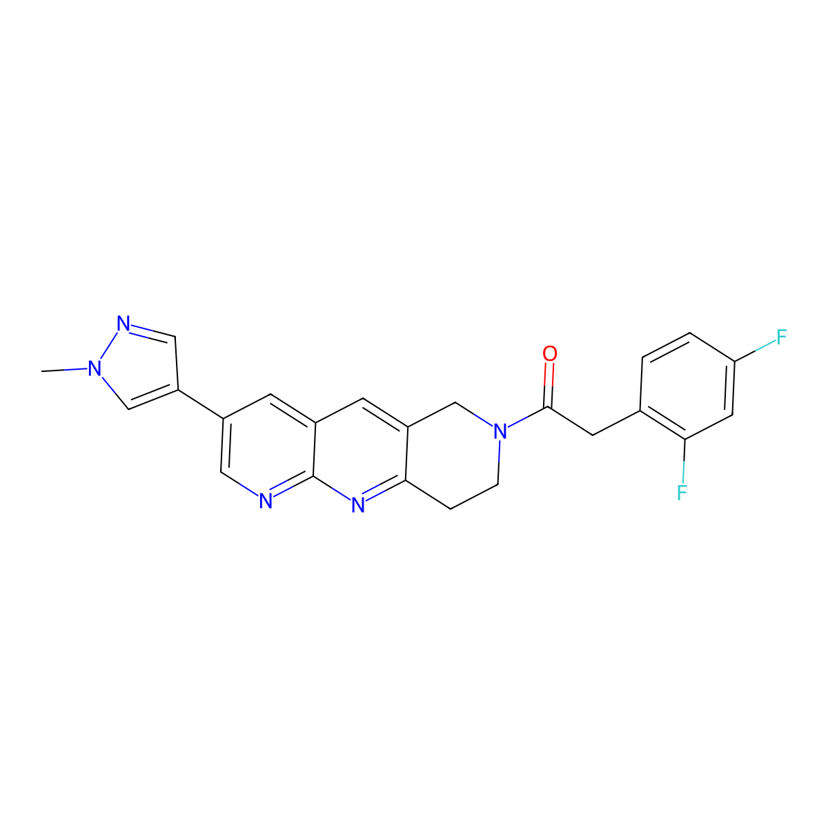 2-(2,4-difluorophenyl)-1-[3-(1-methyl-1H-pyrazol-4-yl)-6H,7H,8H,9H-pyrido[2,3-b]1,6-naphthyridin-7-yl]ethan-1-one molecular structure, CAS 2770640-14-5