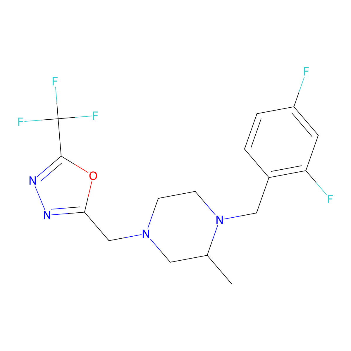 1-[(2,4-Difluorophenyl)methyl]-2-methyl-4-{[5-(trifluoromethyl)-1,3,4-oxadiazol-2-yl]methyl}piperazine molecular structure, CAS 2770640-24-7