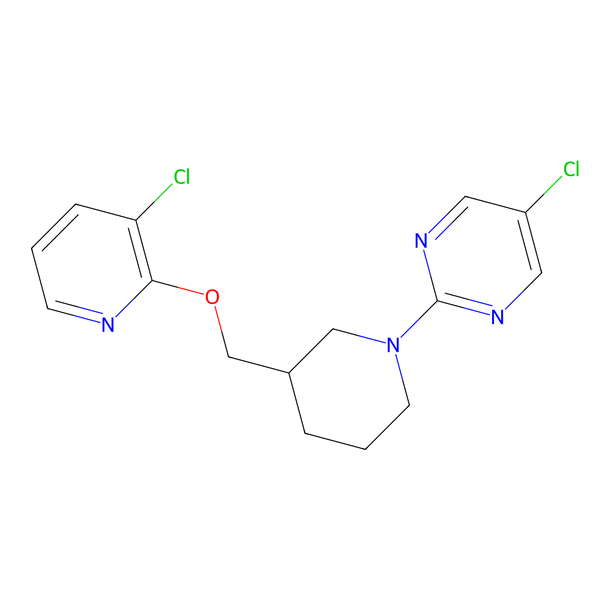 5-Chloro-2-(3-{[(3-chloropyridin-2-yl)oxy]methyl}piperidin-1-yl)pyrimidine molecular structure, CAS 2770640-32-7