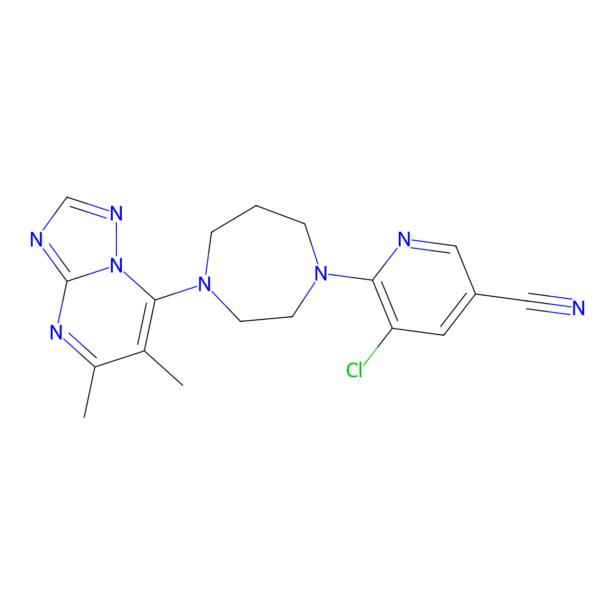 5-Chloro-6-(4-{5,6-dimethyl-[1,2,4]triazolo[1,5-a]pyrimidin-7-yl}-1,4-diazepan-1-yl)pyridine-3-carbonitrile molecular structure, CAS 2770640-35-0