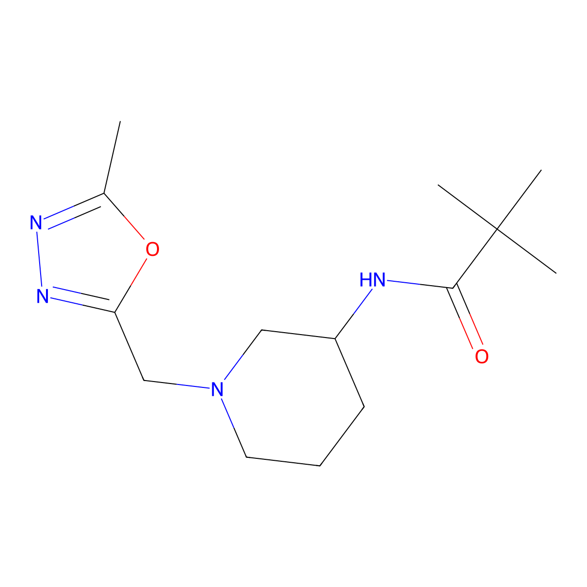 2,2-dimethyl-N-{1-[(5-methyl-1,3,4-oxadiazol-2-yl)methyl]piperidin-3-yl}propanamide molecular structure, CAS 2770640-45-2