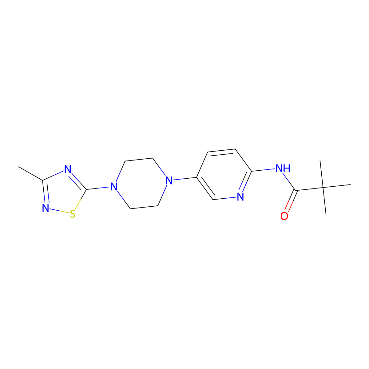 2,2-dimethyl-N-{5-[4-(3-methyl-1,2,4-thiadiazol-5-yl)piperazin-1-yl]pyridin-2-yl}propanamide molecular structure, CAS 2770640-48-5