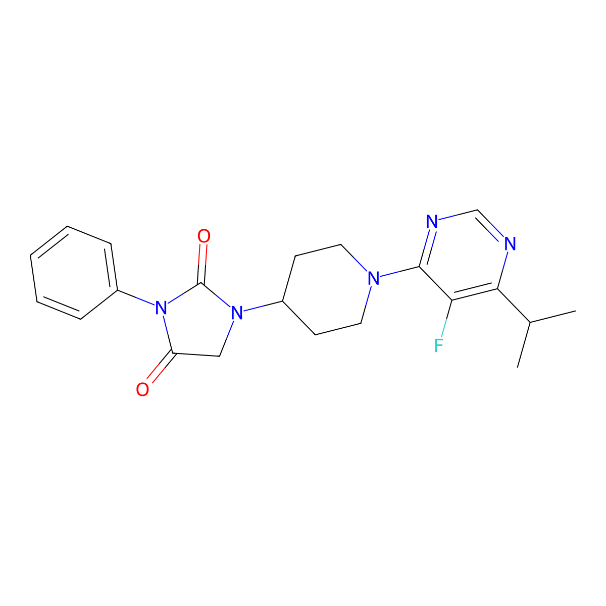 1-{1-[5-Fluoro-6-(propan-2-yl)pyrimidin-4-yl]piperidin-4-yl}-3-phenylimidazolidine-2,4-dione molecular structure, CAS 2770640-56-5