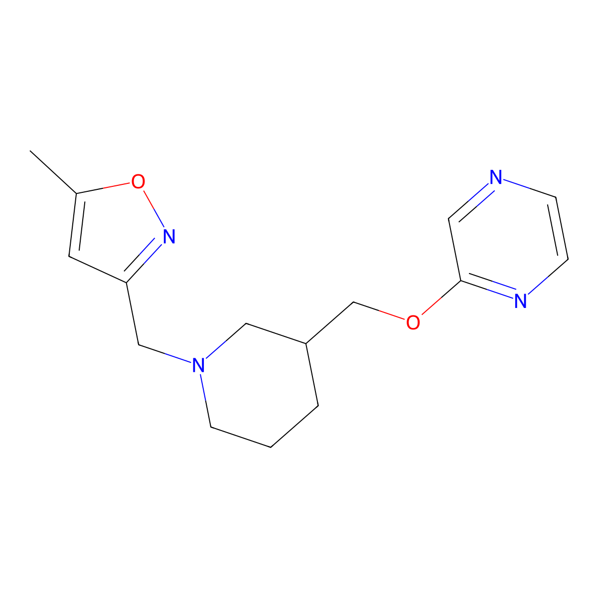 2-({1-[(5-Methyl-1,2-oxazol-3-yl)methyl]piperidin-3-yl}methoxy)pyrazine molecular structure, CAS 2770640-60-1