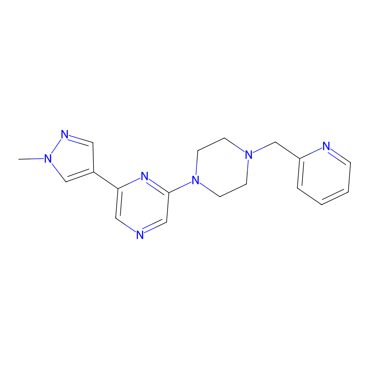 2-(1-methyl-1H-pyrazol-4-yl)-6-{4-[(pyridin-2-yl)methyl]piperazin-1-yl}pyrazine molecular structure, CAS 2770640-73-6