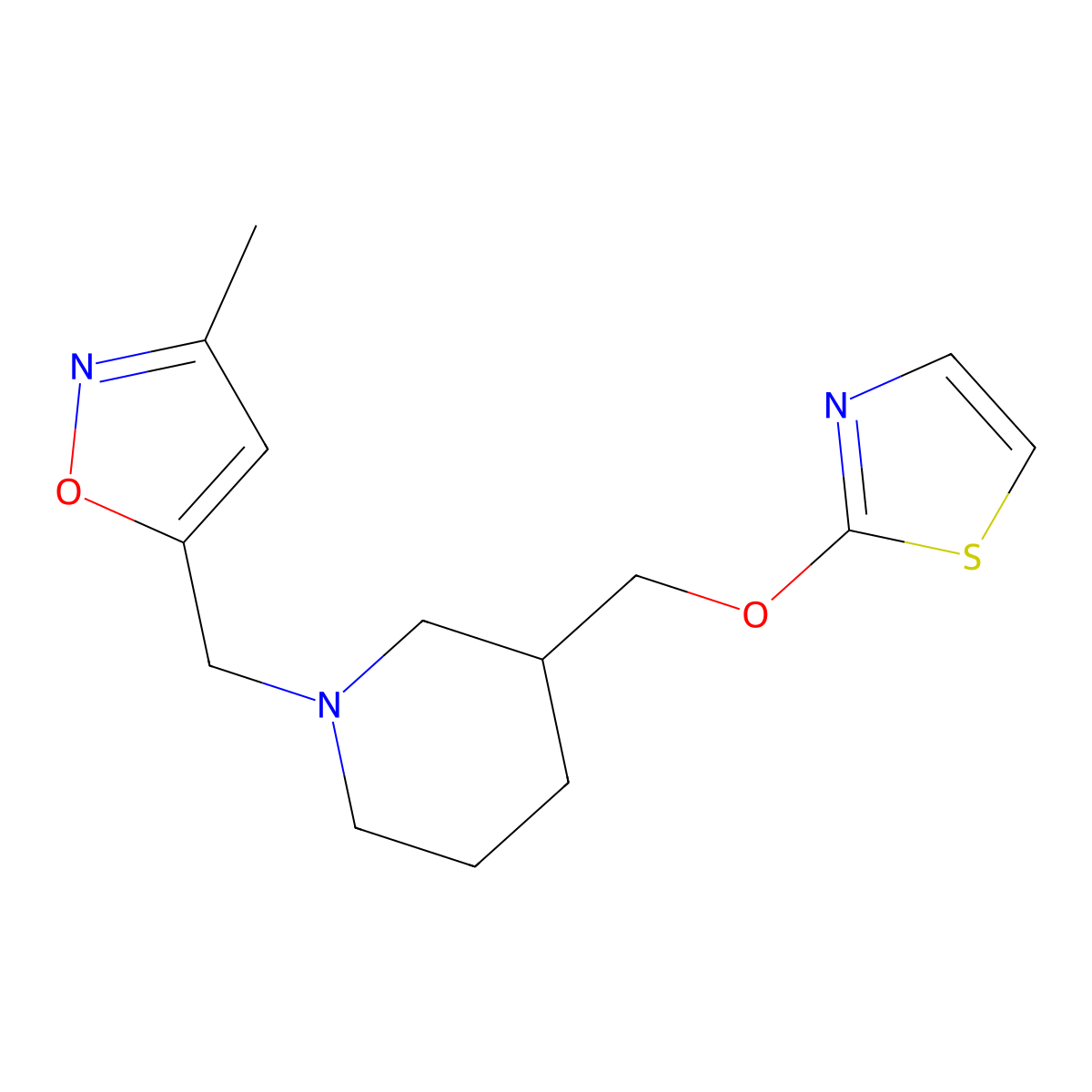 1-[(3-Methyl-1,2-oxazol-5-yl)methyl]-3-[(1,3-thiazol-2-yloxy)methyl]piperidine molecular structure, CAS 2770640-84-9