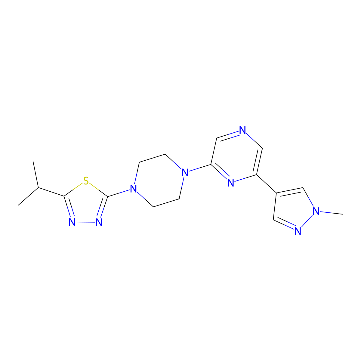 2-(1-methyl-1H-pyrazol-4-yl)-6-{4-[5-(propan-2-yl)-1,3,4-thiadiazol-2-yl]piperazin-1-yl}pyrazine molecular structure, CAS 2770640-91-8