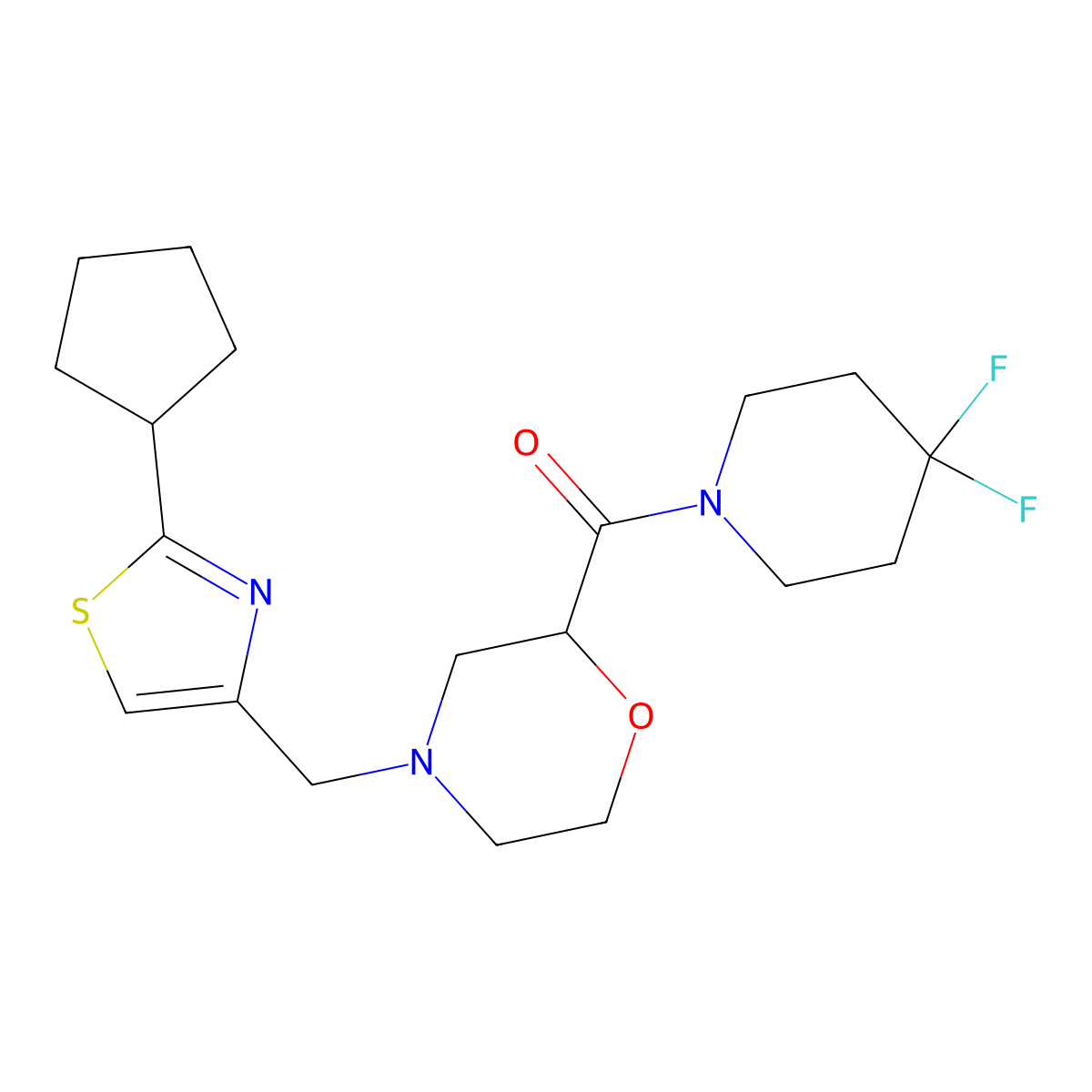 4-[(2-Cyclopentyl-1,3-thiazol-4-yl)methyl]-2-(4,4-difluoropiperidine-1-carbonyl)morpholine molecular structure, CAS 2770640-97-4