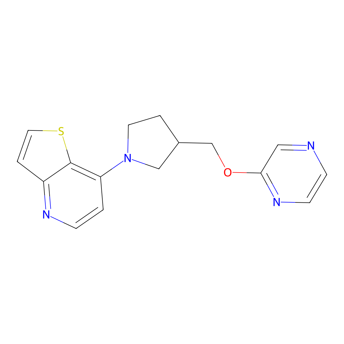 2-[(1-{Thieno[3,2-b]pyridin-7-yl}pyrrolidin-3-yl)methoxy]pyrazine molecular structure, CAS 2770641-01-3