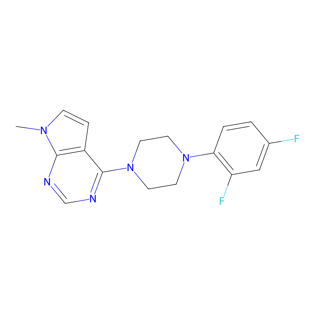1-(2,4-difluorophenyl)-4-{7-methyl-7H-pyrrolo[2,3-d]pyrimidin-4-yl}piperazine molecular structure, CAS 2770641-19-3