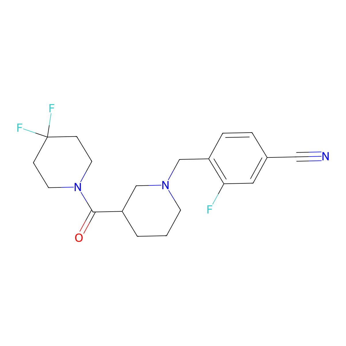 4-{[3-(4,4-Difluoropiperidine-1-carbonyl)piperidin-1-yl]methyl}-3-fluorobenzonitrile molecular structure, CAS 2770641-25-1