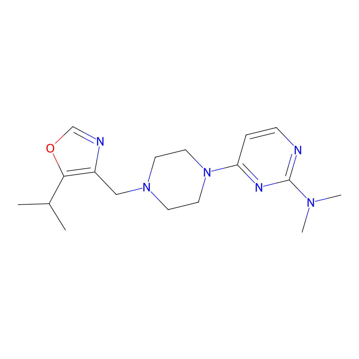 N,N-dimethyl-4-(4-{[5-(propan-2-yl)-1,3-oxazol-4-yl]methyl}piperazin-1-yl)pyrimidin-2-amine molecular structure, CAS 2770641-31-9