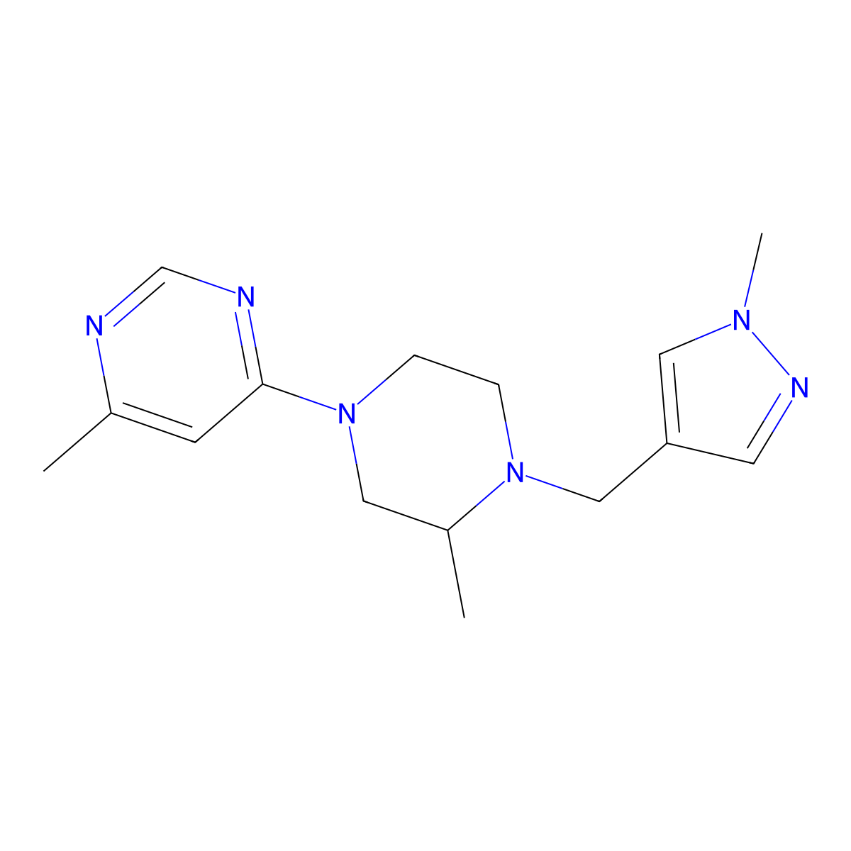 4-methyl-6-{3-methyl-4-[(1-methyl-1H-pyrazol-4-yl)methyl]piperazin-1-yl}pyrimidine molecular structure, CAS 2770641-52-4