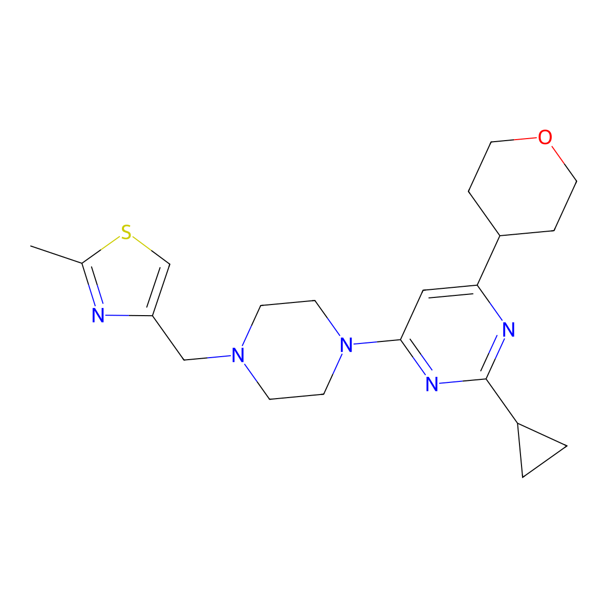 2-Cyclopropyl-4-{4-[(2-methyl-1,3-thiazol-4-yl)methyl]piperazin-1-yl}-6-(oxan-4-yl)pyrimidine molecular structure, CAS 2770641-53-5