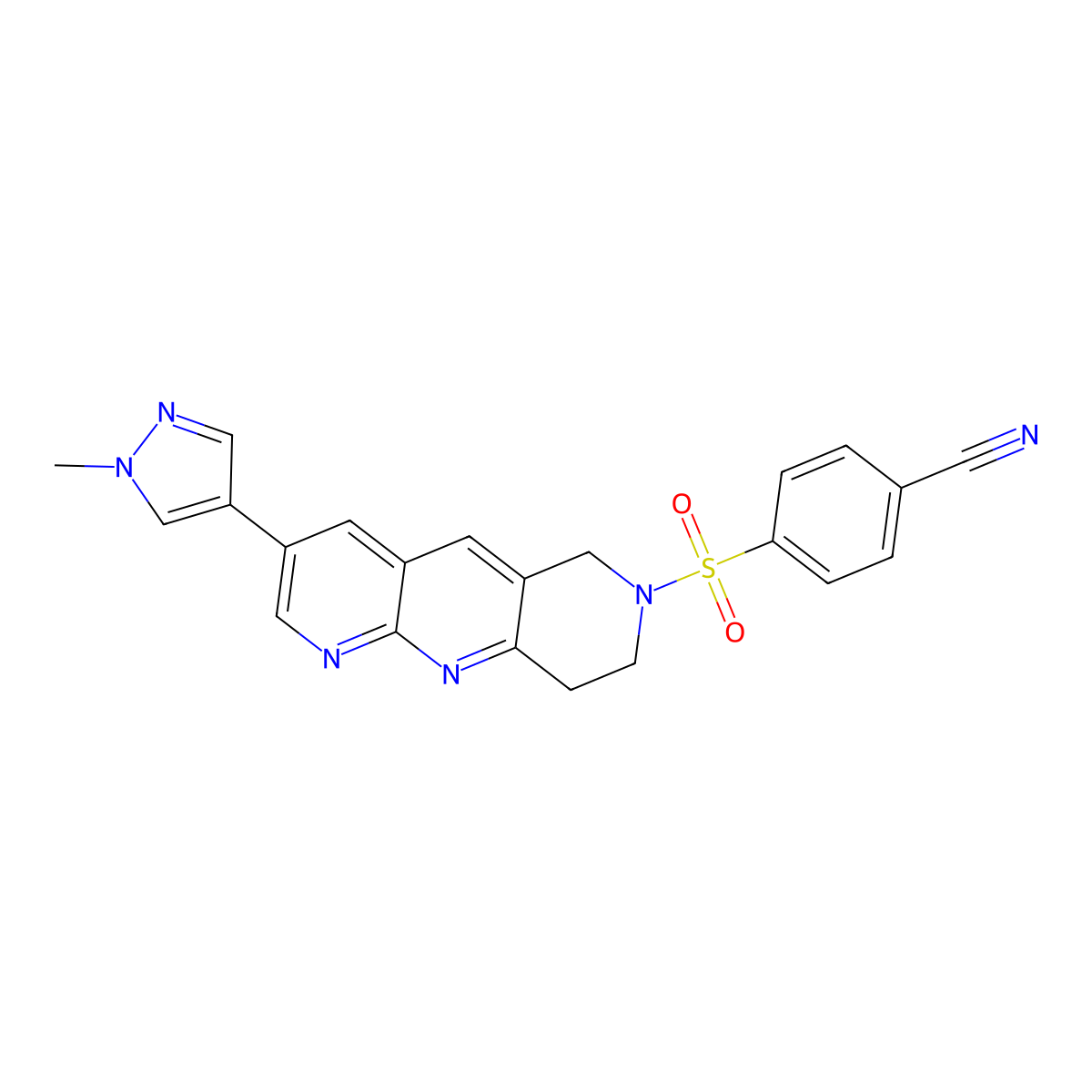 4-{[3-(1-methyl-1H-pyrazol-4-yl)-6H,7H,8H,9H-pyrido[2,3-b]1,6-naphthyridin-7-yl]sulfonyl}benzonitrile molecular structure, CAS 2770641-56-8