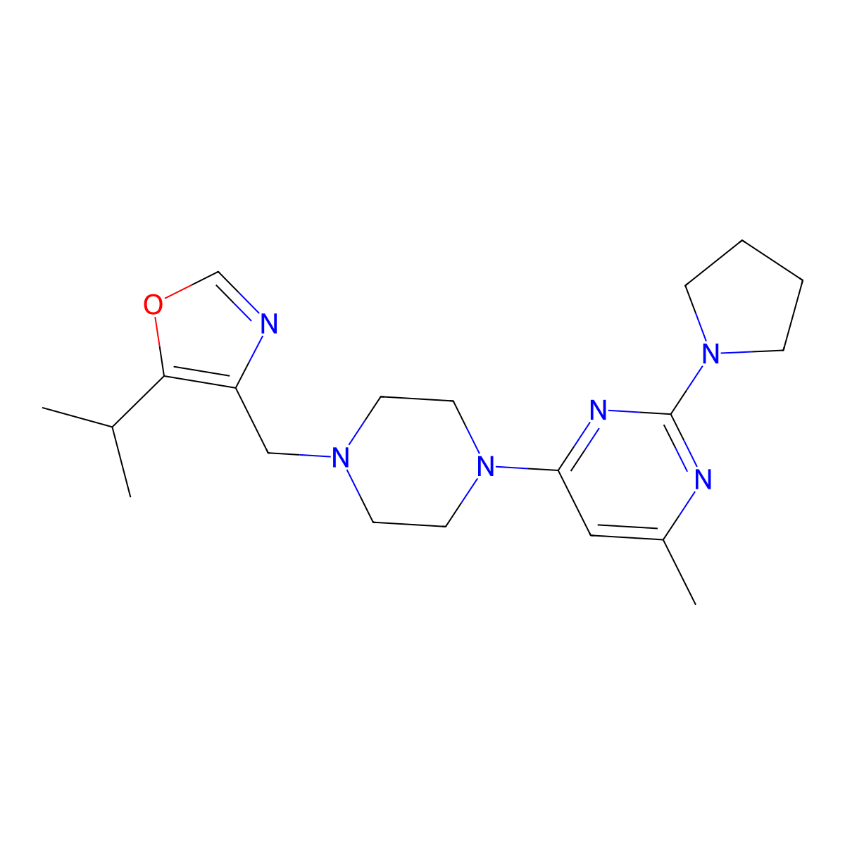 4-Methyl-6-(4-{[5-(propan-2-yl)-1,3-oxazol-4-yl]methyl}piperazin-1-yl)-2-(pyrrolidin-1-yl)pyrimidine molecular structure, CAS 2770641-61-5