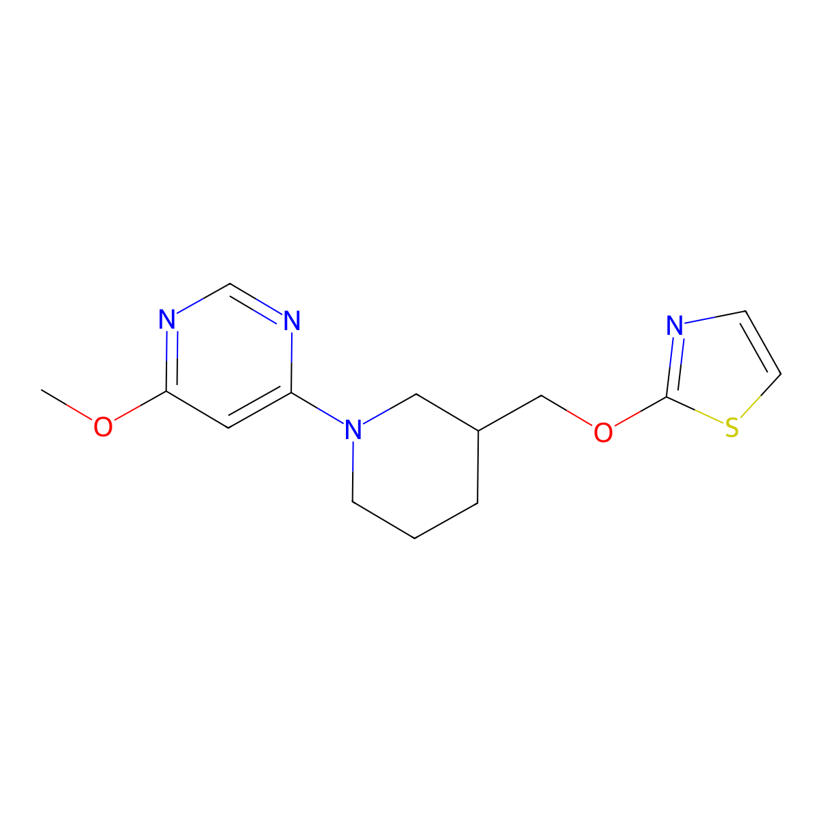 4-Methoxy-6-{3-[(1,3-thiazol-2-yloxy)methyl]piperidin-1-yl}pyrimidine molecular structure, CAS 2770641-62-6