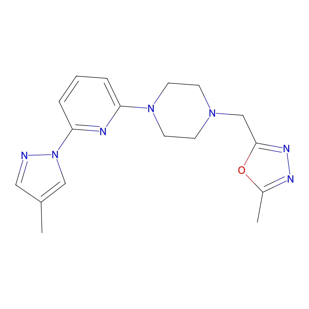 1-[(5-methyl-1,3,4-oxadiazol-2-yl)methyl]-4-[6-(4-methyl-1H-pyrazol-1-yl)pyridin-2-yl]piperazine molecular structure, CAS 2770641-63-7