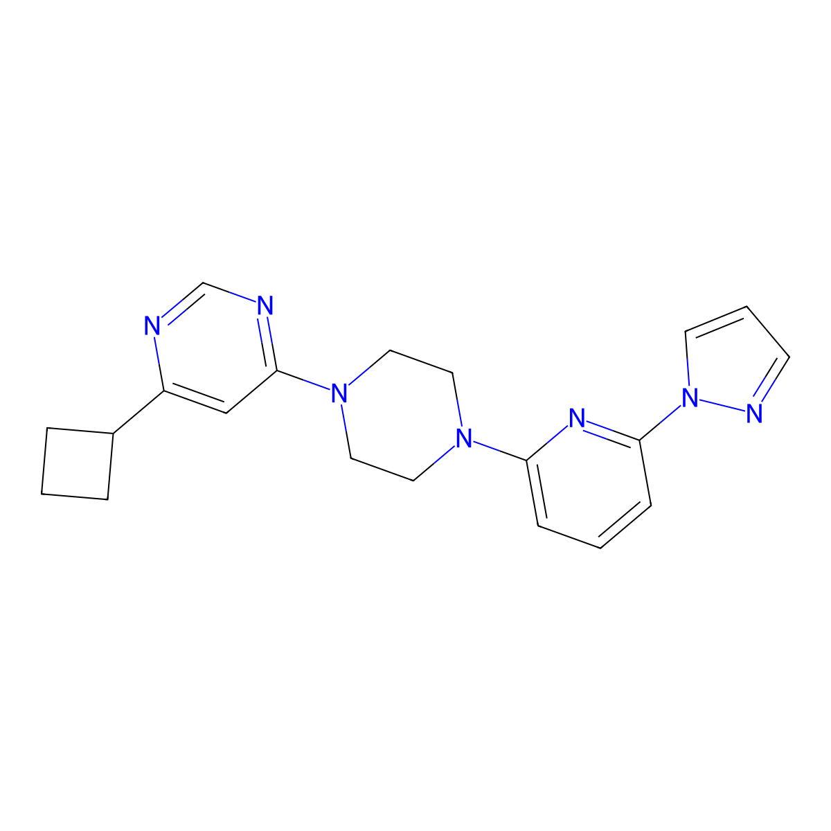 4-cyclobutyl-6-{4-[6-(1H-pyrazol-1-yl)pyridin-2-yl]piperazin-1-yl}pyrimidine molecular structure, CAS 2770641-64-8