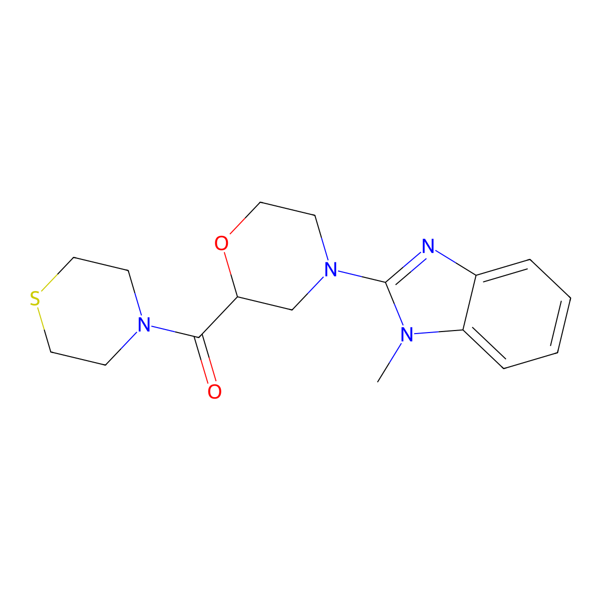 1-methyl-2-[2-(thiomorpholine-4-carbonyl)morpholin-4-yl]-1H-1,3-benzodiazole molecular structure, CAS 2770641-65-9