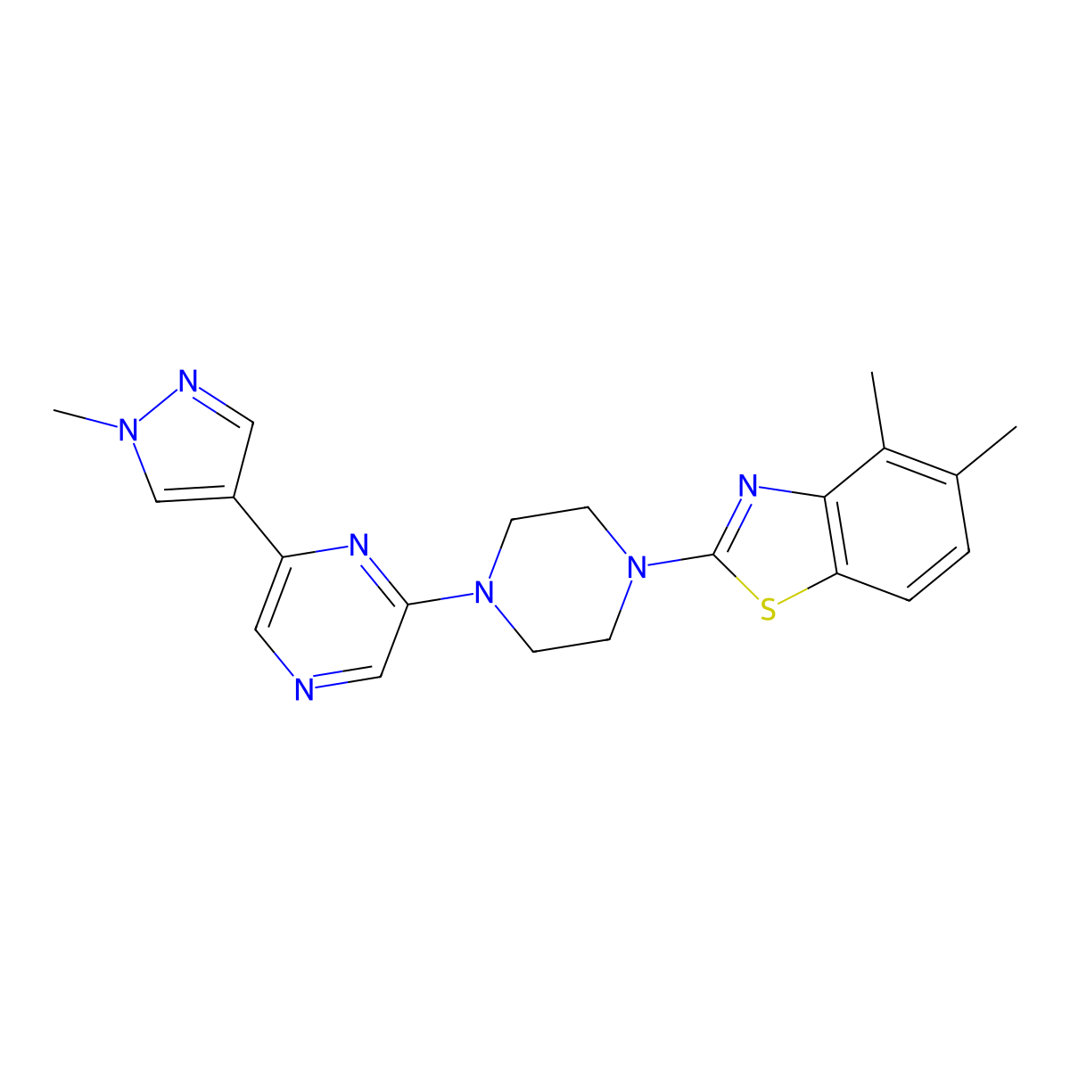 4,5-dimethyl-2-{4-[6-(1-methyl-1H-pyrazol-4-yl)pyrazin-2-yl]piperazin-1-yl}-1,3-benzothiazole molecular structure, CAS 2770641-74-0